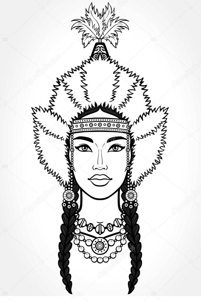 Asian beauty. Animation portrait of a beautiful girl in ancient national cap. Central Asia. Vector illustration isolated. Gray background. Print, poster, t-shirt, card.