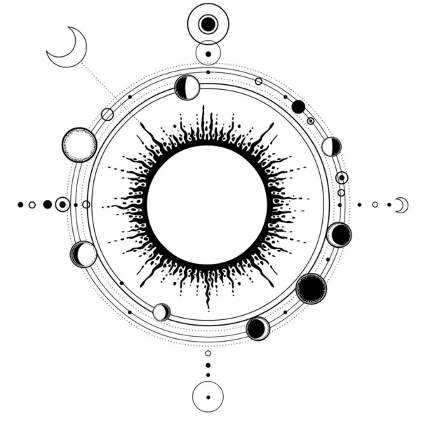 神秘的图画 太阳系 月球相位 行星轨道 能量圈 神圣的几何图形炼金术 神秘主义 在白色背景上孤立的单色向量说明 — 图库矢量图片