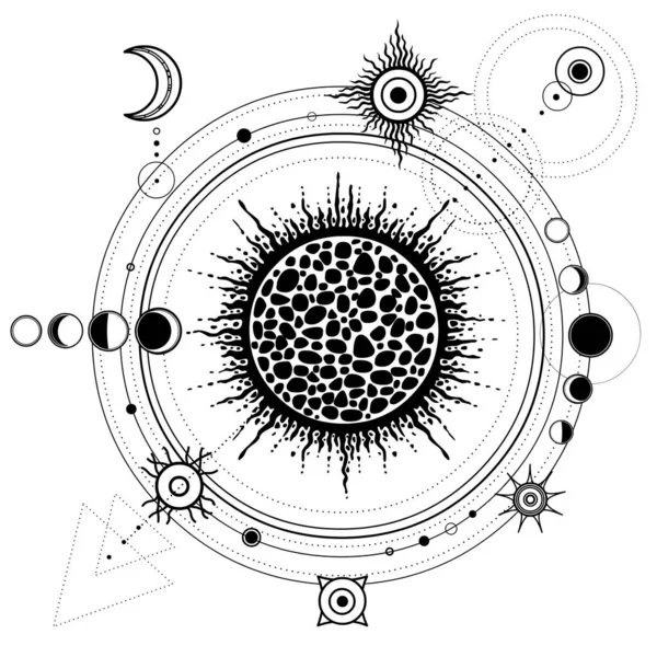 Mystische Zeichnung Sonnensystem Mondphasen Planetenbahnen Energiekreis Heilige Geometrie Alchemie Magie — Stockvektor