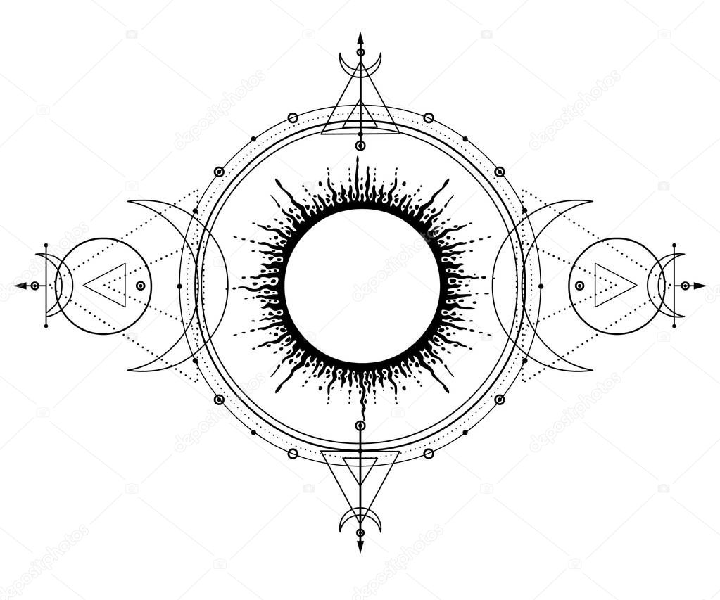 Mystical drawing: sun system, moon phases, orbits of planets, energy circle. Sacred geometry. Alchemy, magic, esoteric, occultism. Monochrome Vector Illustration isolated on a white background