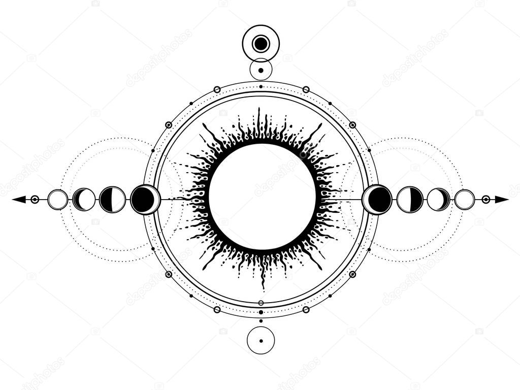 Mystical drawing: sun system, moon phases, orbits of planets, energy circle. Sacred geometry. Alchemy, magic, esoteric, occultism. Monochrome Vector Illustration isolated on a white background