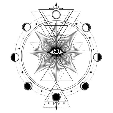 Mistik çizim: Her şeyi gören göz, gezegenlerin yörüngeleri, ayın evreleri, enerji çemberi. Kutsal geometri. Simya, sihir, ezoterik, okültizm. Beyaz arka planda yalıtılmış monokrom Vektör Çizimi