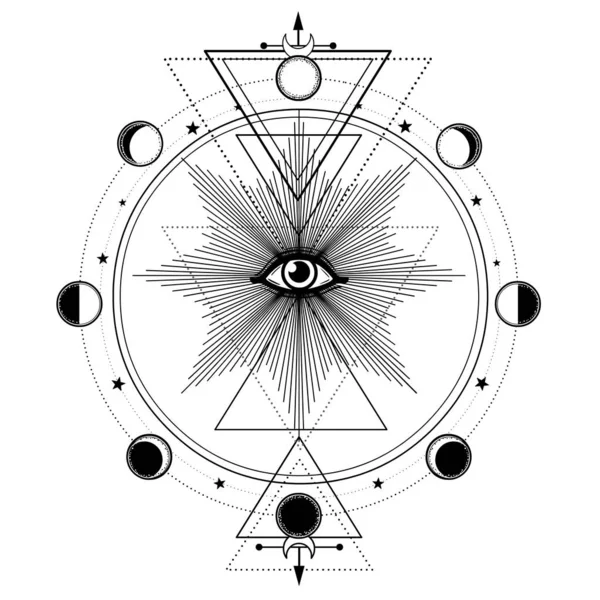 神秘的な描画 すべての目 惑星の軌道 月の位相 エネルギーサークル 神聖な幾何学錬金術 オカルト 白い背景に分離されたモノクロベクトルイラスト — ストックベクタ