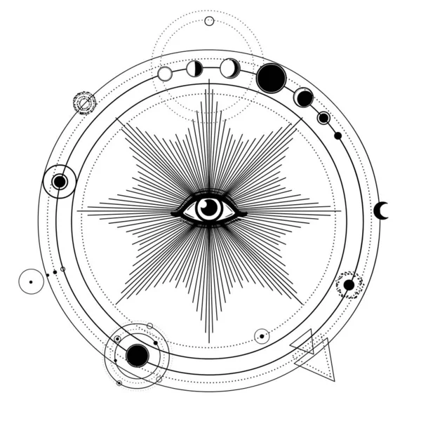 Desen Mistic Sistemul Solar Stilizat Orbitele Planetelor Fazele Lunii Ochi — Vector de stoc