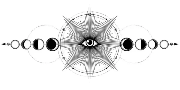 Мистический Рисунок Сияющий Всевидящий Глаз Фазы Луны Энергетический Круг Алхимия — стоковый вектор