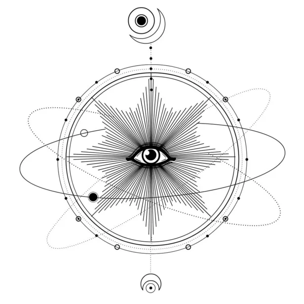 Mystical Drawing All Seeing Eye Orbits Planets Energy Circle Sacred — Stock Vector