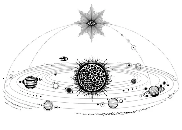 Disegno Monocromatico Sistema Solare Stilizzato Orbite Pianeti Struttura Spaziale Occhio — Vettoriale Stock