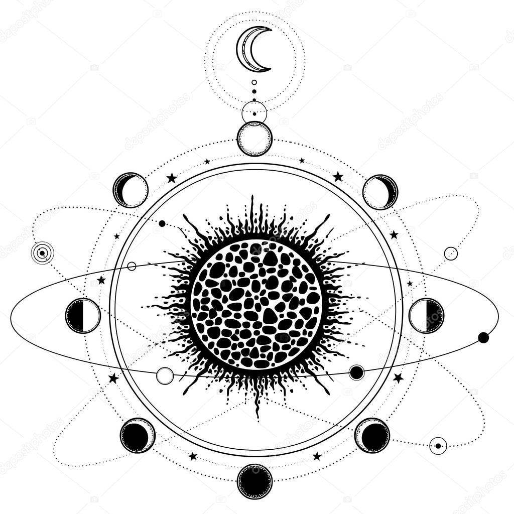 Mystical drawing: stylized Solar System, orbits of planets, Phases of the moon. Sacred geometry. Alchemy, magic, esoteric, occultism. Monochrome Vector Illustration isolated on a white background