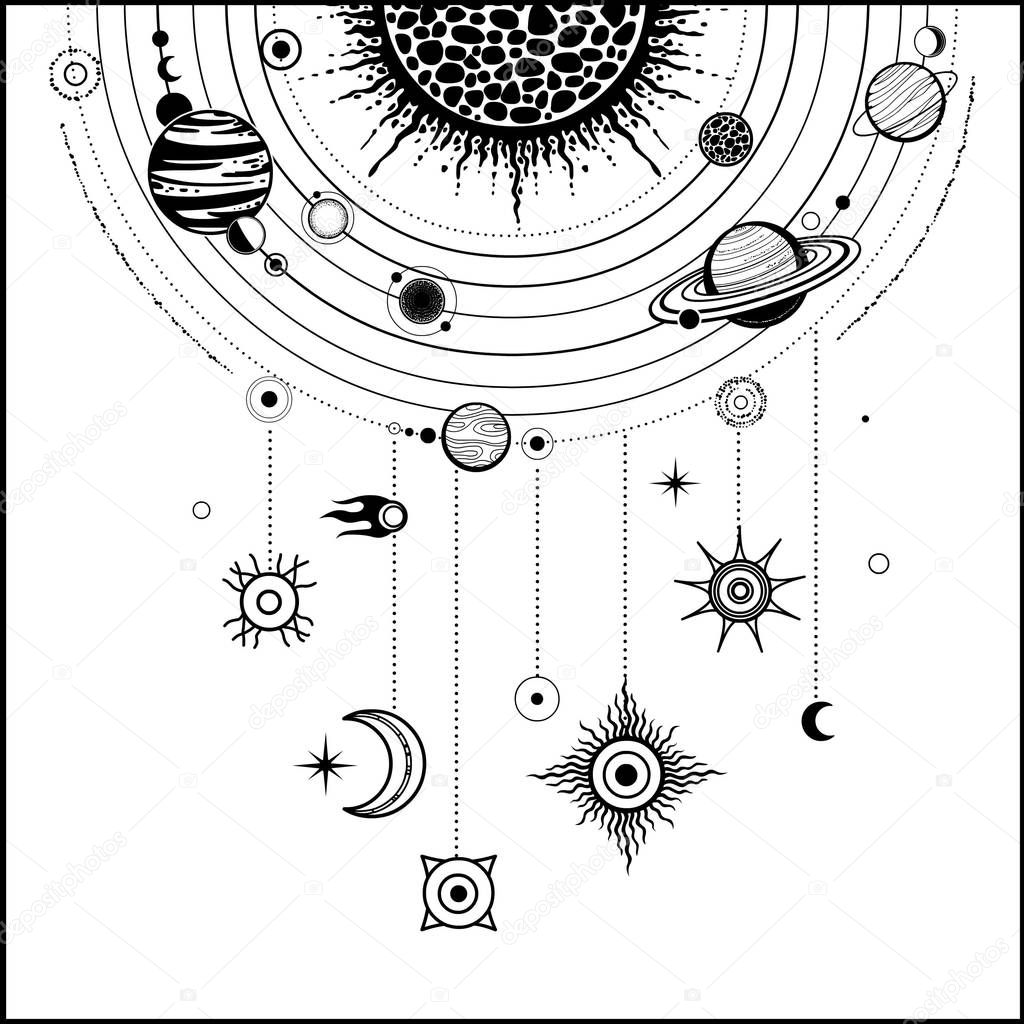 Monochrome drawing: stylized Solar system, orbits, planets, space structure.  Necklace of star symbols. Vector Illustration isolated on a white background. Print, poster, T-shirt, postcard.