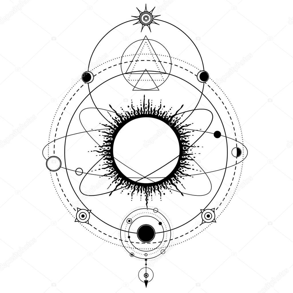 Mystical drawing: stylized Solar System, orbits of planets, space symbols. Sacred geometry. Alchemy, magic, esoteric, occultism. Monochrome Vector Illustration isolated on a white background