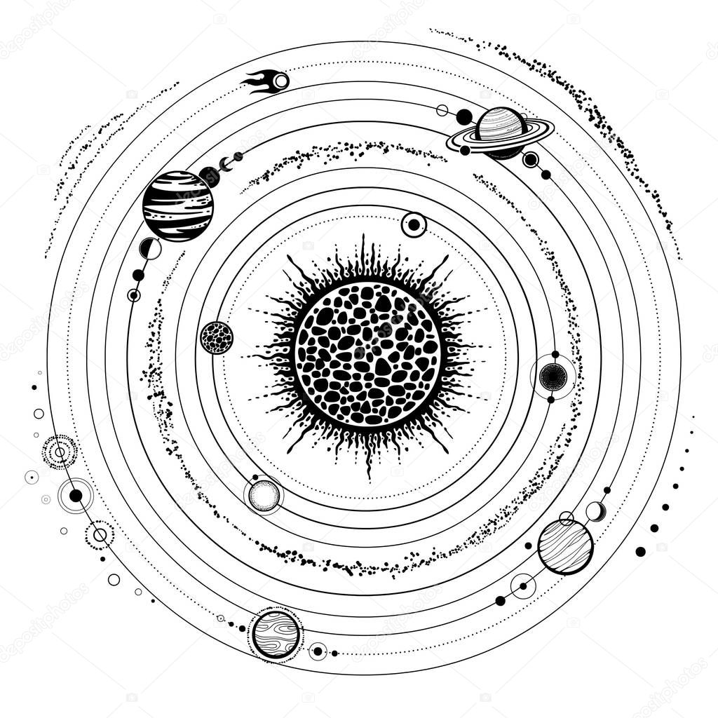 Monochrome drawing: stylized Solar system, orbits, planets, space structure.  Vector Illustration isolated on a white background. Print, poster, T-shirt, postcard.