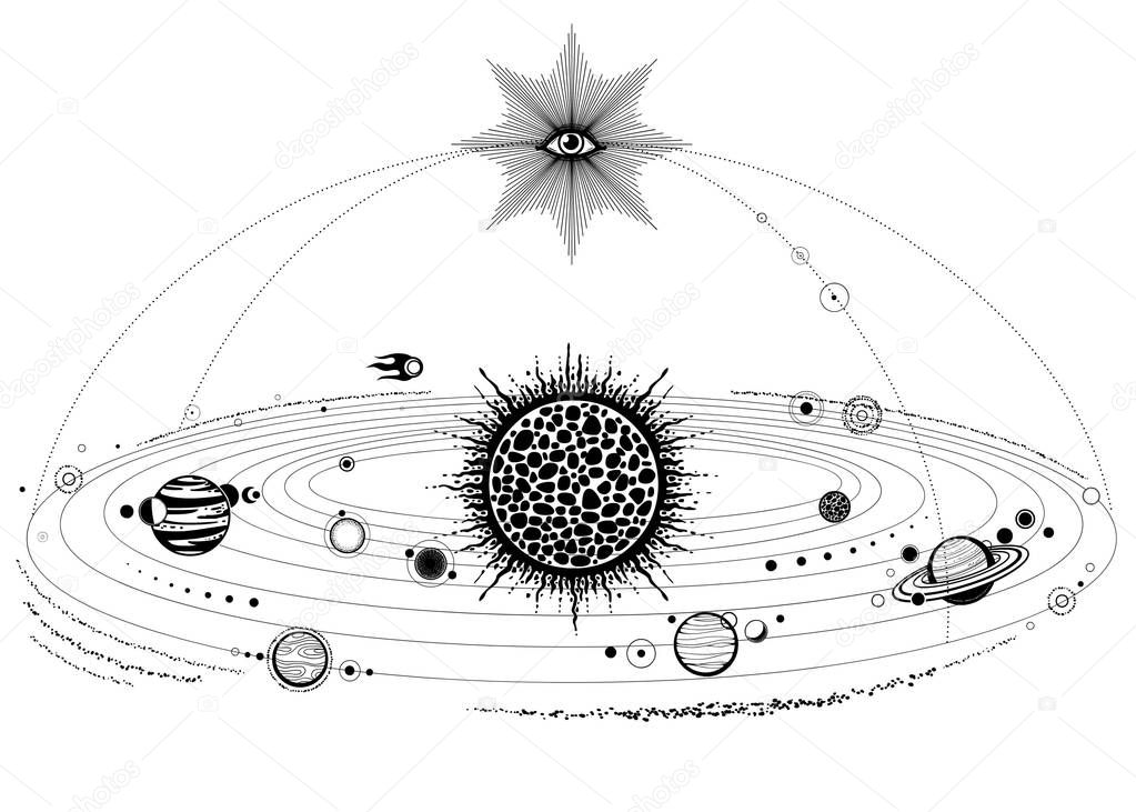 Monochrome drawing: stylized Solar system, orbits, planets, space structure. All-seeing eye.  Vector Illustration isolated on a white background. Print, poster, T-shirt, postcard.