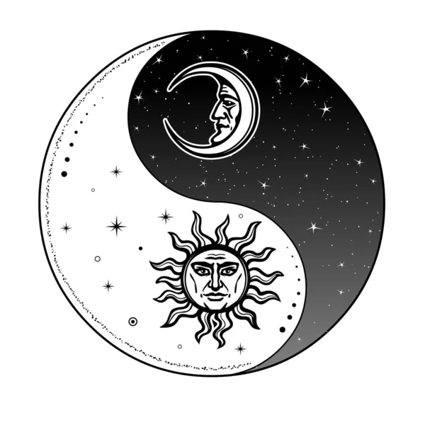 Desenho Místico Sol Lua Estilizados Com Rosto Humano Dia Noite — Vetor de Stock