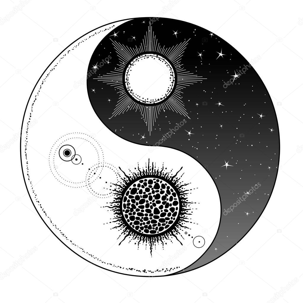 Mystical drawing: Stylized sun and moon, day and night, cosmic dualism. Zen symbol. Ying yang sign of harmony and balance. Monochrome Vector Illustration isolated on a white background