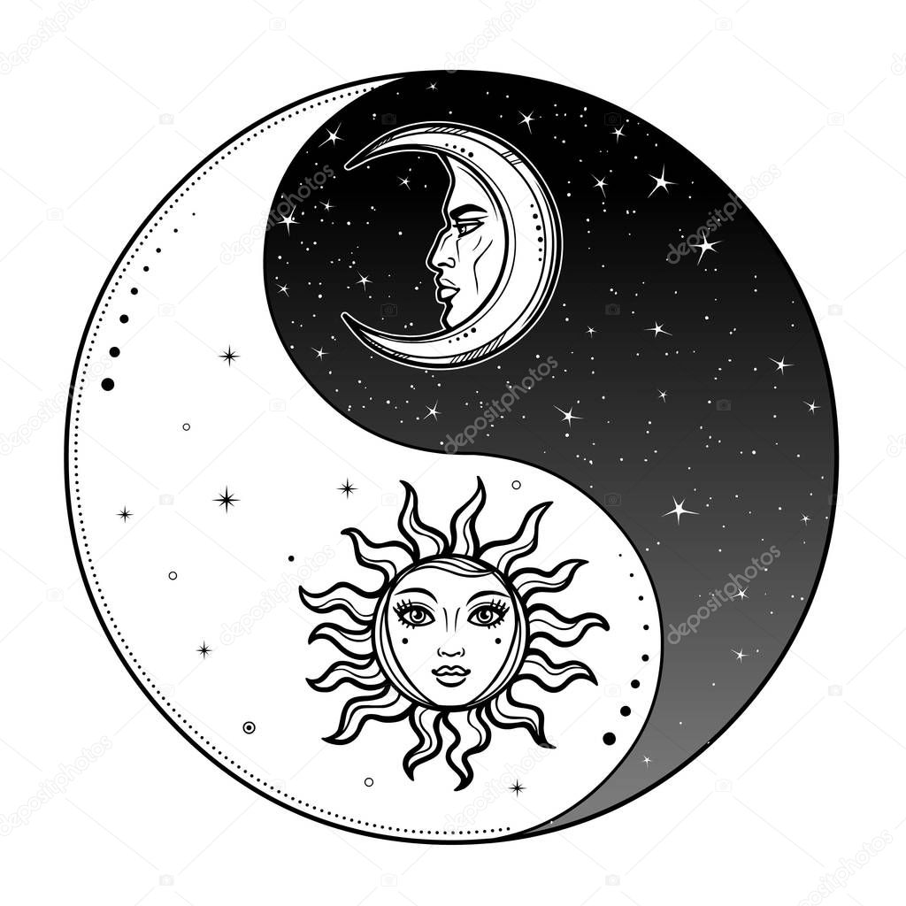 Mystical drawing: Stylized sun and moon with human face, day and night. Zen symbol. Ying yang sign of harmony and balance. Monochrome Vector Illustration isolated on a white background