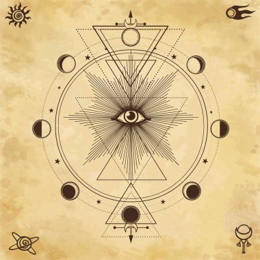 Mistik çizim: Her şeyi gören göz, gezegenlerin yörüngeleri, ayın evreleri, enerji çemberi. Kutsal geometri. Arka plan - eski kağıt taklidi. Vektör İllüstrasyon. Baskı, poster, tişört, kartpostal.