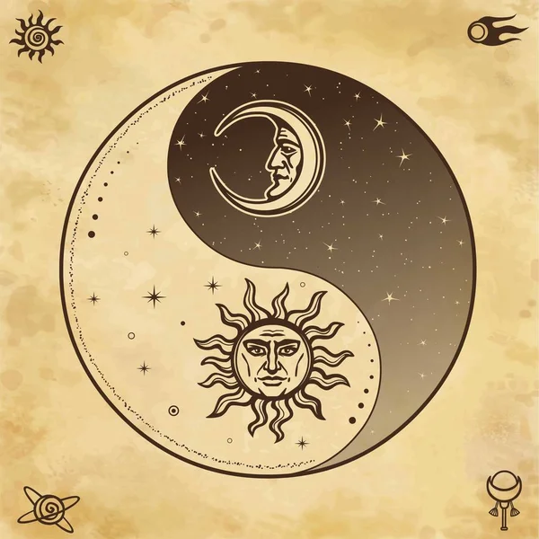 Mystical Drawing Stylized Sun Moon Human Face Day Night Zen — Stock Vector