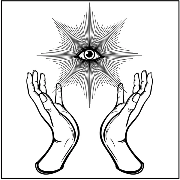 人間の手は神の目を持っている 錬金術 オカルト 精神性 白い背景に分離されたモノクロベクトルイラスト プリント ポスター Tシャツ はがき — ストックベクタ