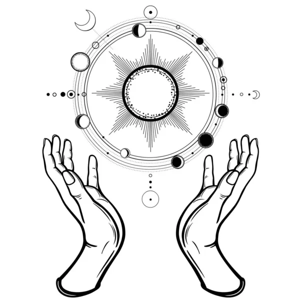 Menschenhände Halten Ein Stilisiertes Sonnensystem Kosmische Symbole Mondphase Magie Alchemie — Stockvektor