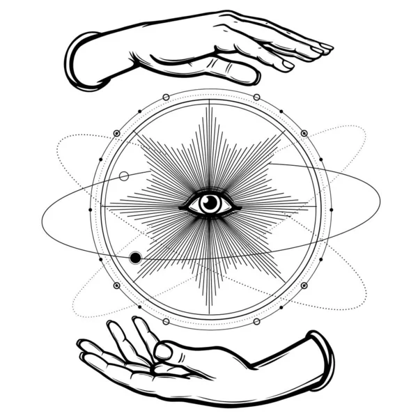 人类的手握着神圣的全视眼 行星轨道 炼金术 神秘在白色背景上隔离的单色矢量插图 印刷品 明信片 — 图库矢量图片
