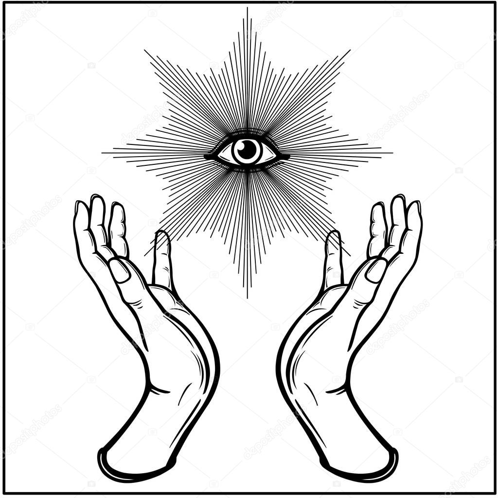 Human hands hold the divine all-seeing eye. Magic, alchemy, occult, spirituality. Monochrome vector illustration isolated on white background. Print, poster, T-shirt, postcard.
