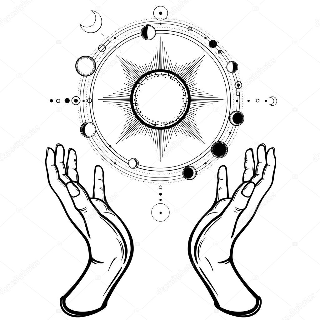 Human hands hold a stylized solar system, cosmic symbols, phase of the moon. Magic, alchemy, occult. Monochrome vector illustration isolated on white background. Print, poster, T-shirt, postcard.