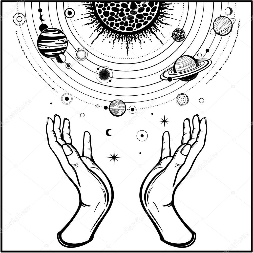 Human hands hold a stylized solar system, cosmic symbols, stars. Magic, alchemy,mysticism, occult. Monochrome vector illustration isolated on white background. Print, poster, T-shirt, postcard.