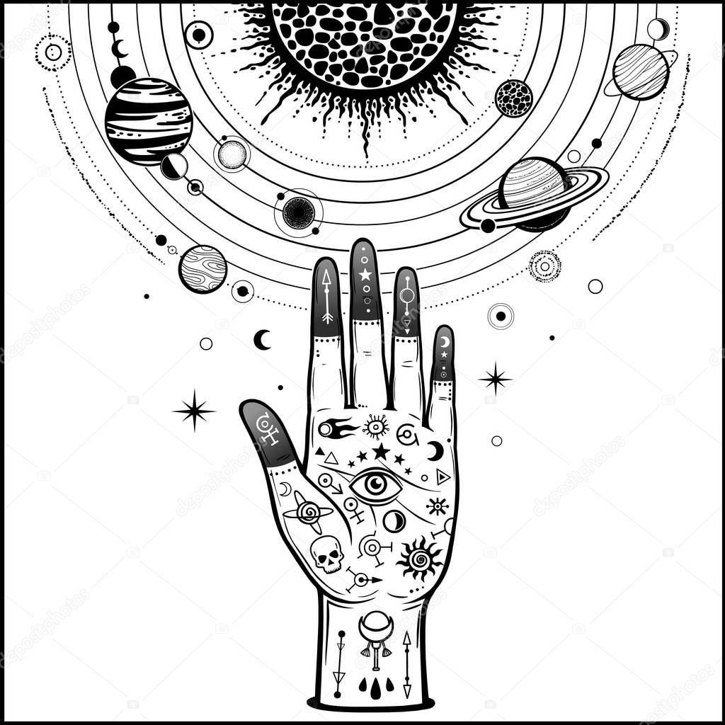 Tattoo human hand holds a stylized solar system, cosmic symbols, stars. Magic, alchemy,mysticism, occult. Monochrome vector illustration isolated on white background. Print, poster, T-shirt, postcard.