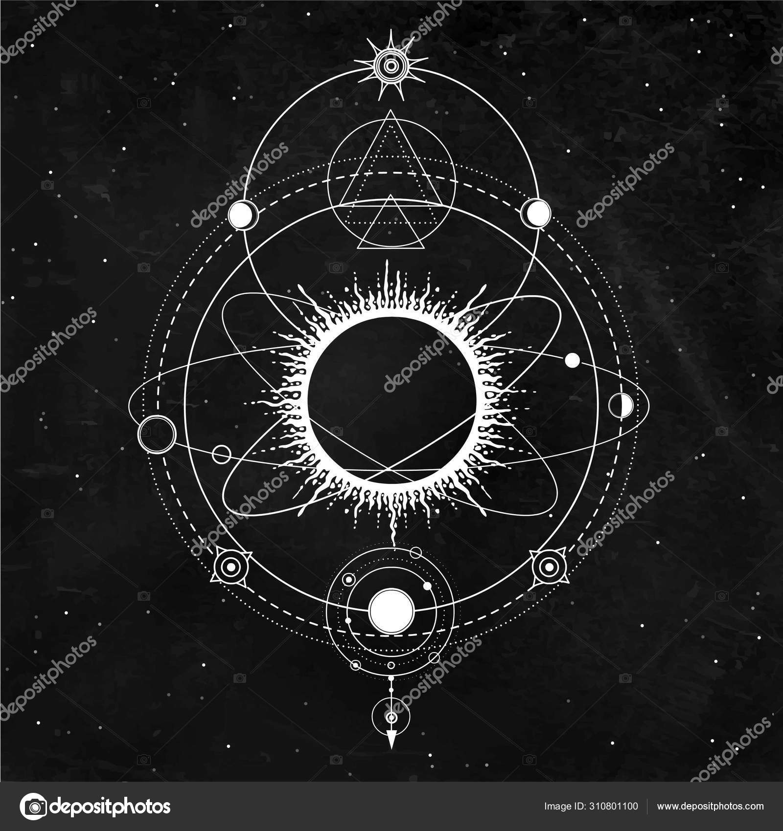 Мистический Рисунок Стилизованная Солнечная Система Фазы Луны.