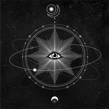 Mistik çizim: Her şeyi gören göz, gezegenlerin yörüngeleri, enerji çemberi. Kutsal geometri. Simya, sihir, ezoterik, okültizm. Arka plan - siyah yıldız gökyüzü. Vektör illüstrasyon. Baskı, poster, t-shirt, kart