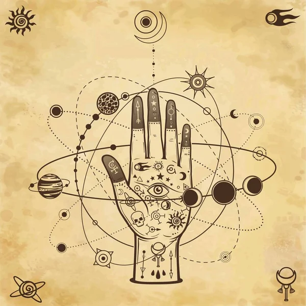 Mystical Drawing Tattoo Human Hand Holds Universe Planets Stars Rotate — Stock Vector