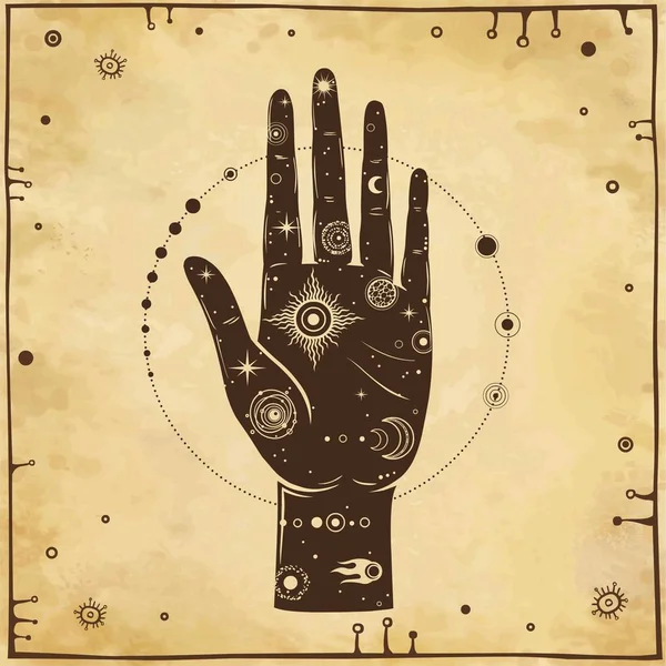 Mystisk Ritning Den Mänskliga Handen Universum Stjärnor Komet Kosmiska Symboler — Stock vektor