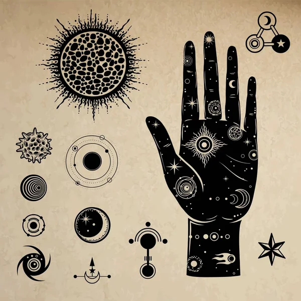 Mistyczny Rysunek Ludzkiej Dłoni Jest Wszechświat Ustaw Symbole Kosmiczne Słońce — Wektor stockowy