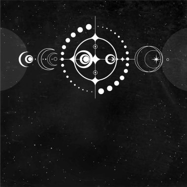 Mistik çizim: Ekin çemberi Ufo, stilize uzay sistemi. Simya, sihir, esrarengiz, dünya dışı. Kutsal geometri. Arkaplan - kara yıldız gökyüzü. Vektör çizimi. Yazdır, poster, tişört, kart.