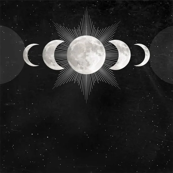 神秘的な図面 三重月異教のウィッカのシンボル 月の相 錬金術 黒い星の空 ベクトルイラスト印刷 ポスター Tシャツ カード — ストックベクタ