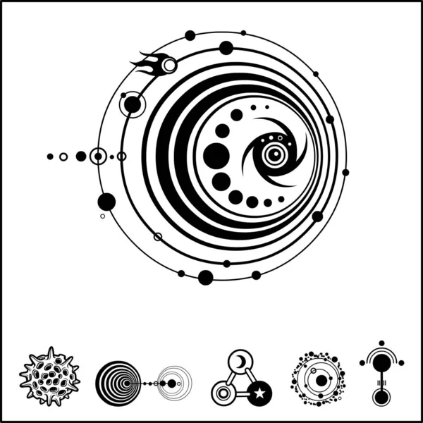 Mystical Drawing Mysterious Crop Circle Ufo Stylized Galaxy Set Cosmic — Stock Vector