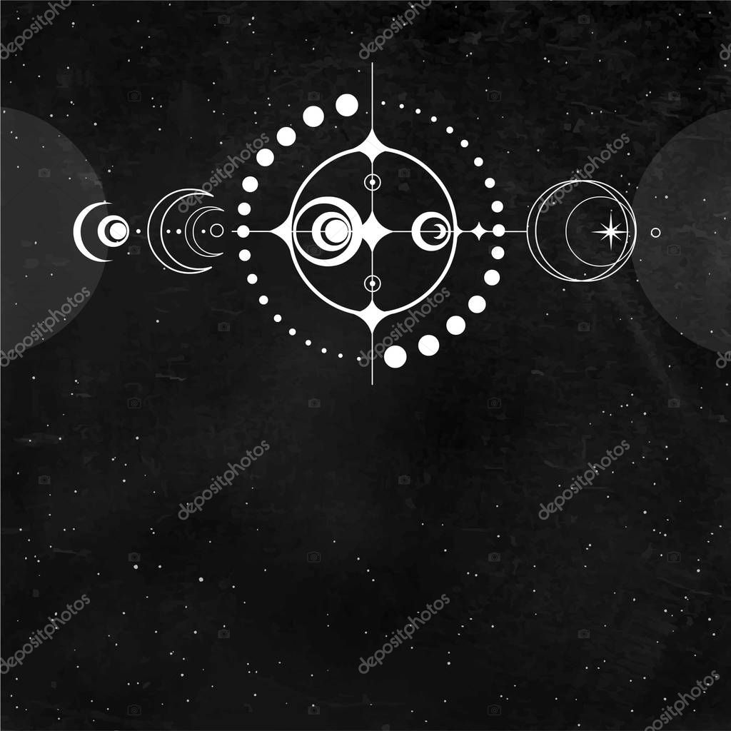Mystical drawing: crop circle UFO,  stylized space system. Alchemy, magic, esoteric, extraterrestrial. Sacred geometry.  Background - black star sky. Vector illustration. Print, poster, T-shirt, card.