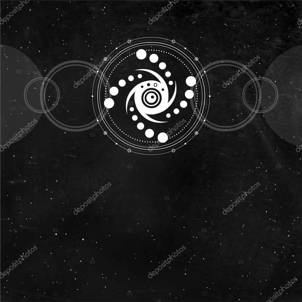 Mystical drawing: crop circle UFO,  stylized space system. Alchemy, magic, esoteric, extraterrestrial. Sacred geometry.  Background - black star sky. Vector illustration. Print, poster, T-shirt, card.