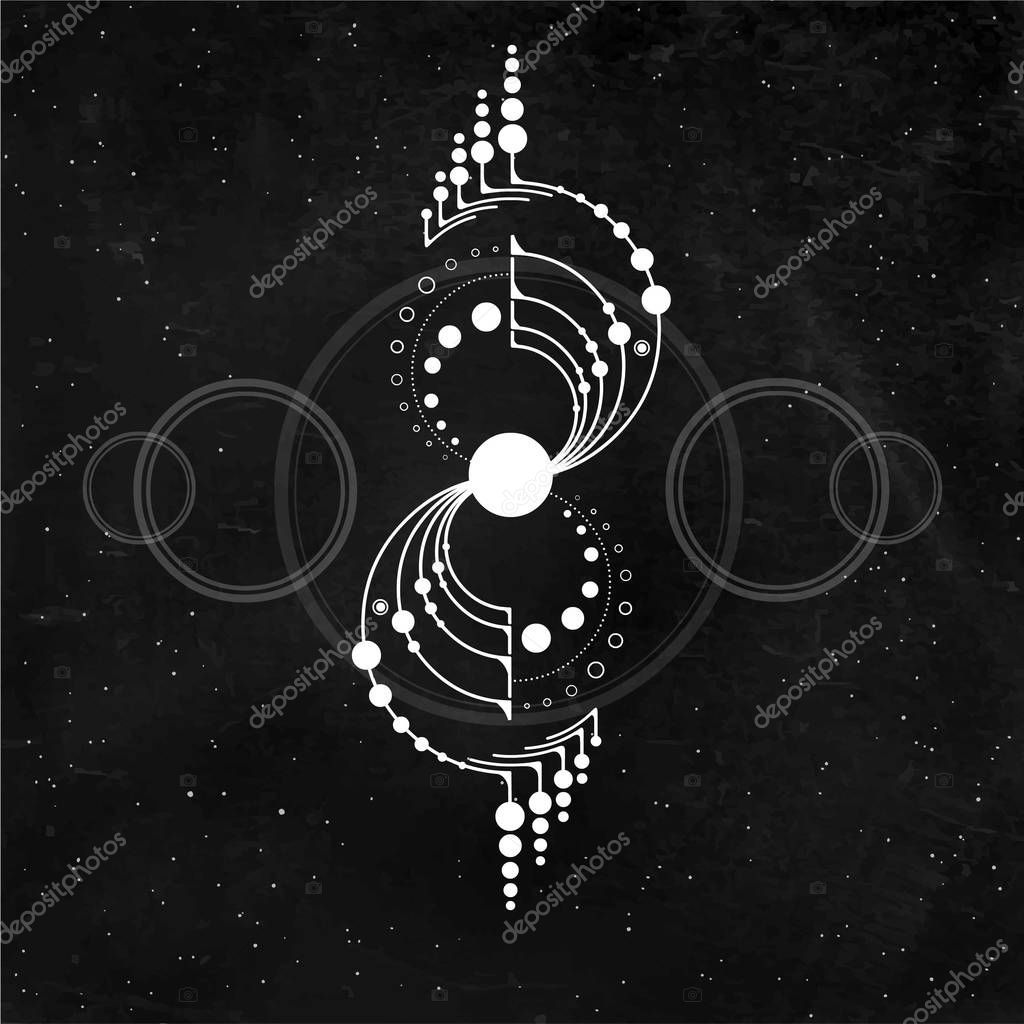 Mystical drawing: crop circle UFO,  stylized space system. Alchemy, magic, esoteric, extraterrestrial. Sacred geometry.  Background - black star sky. Vector illustration. Print, poster, T-shirt, card.