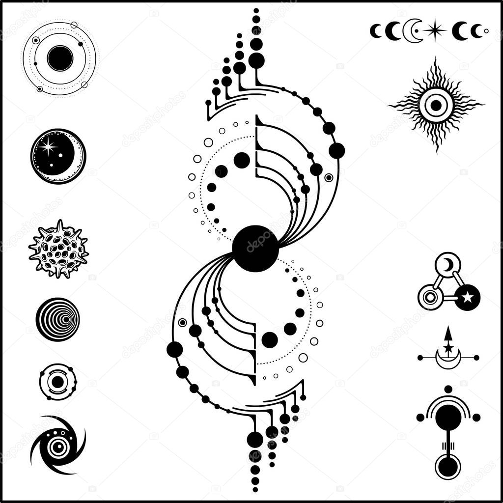 Mystical drawing: Mysterious crop circle UFO, Stylized galaxy, set of cosmic symbols. Astrology, alchemy, extraterrestrial, space design. Vector Illustration Isolated on a white background.