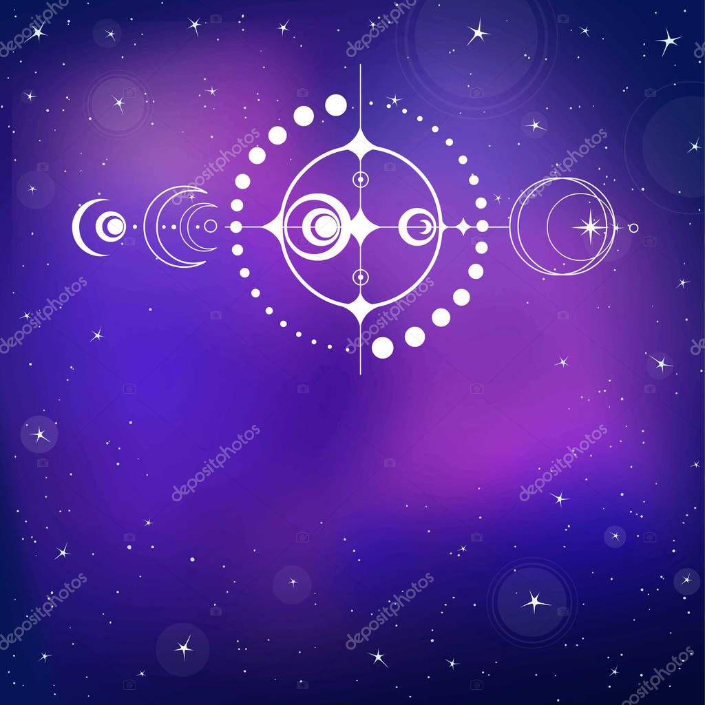 Mystical drawing: crop circle UFO,  stylized space system. Alchemy, magic, esoteric, occultism, extraterrestrial. Background - night star sky. Vector illustration. Print, poster, T-shirt, card