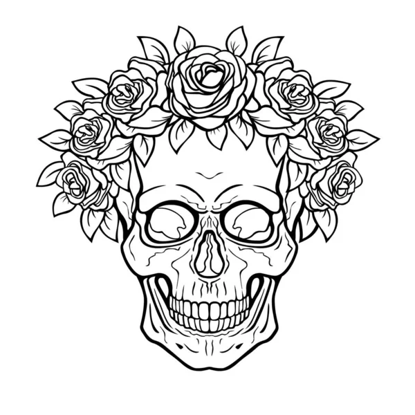神秘的な図面 バラの冠の人間の頭蓋骨 神秘主義 モノクロームベクトル図は白地に孤立している ポスター Tシャツ カード — ストックベクタ