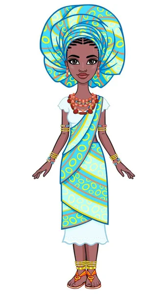 Animovaný Portrét Krásné Africké Ženy Turbanu Etnickém Oblečení Plný Růst — Stockový vektor