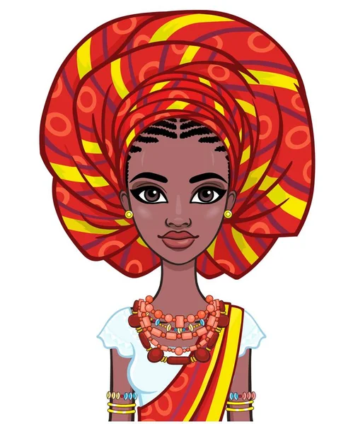 Animation Portrait Young African Woman Turban Ethnic Jewelry Template Use — Stock Vector