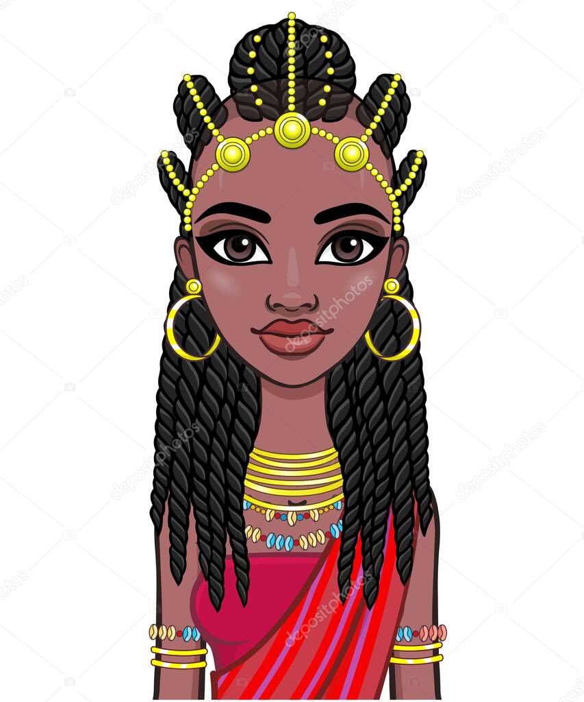 Animation portrait of the beautiful African woman in ancient clothes and jewelry. Amazon, warrior, princess. Color drawing. Vector illustration isolated on a white background. 
