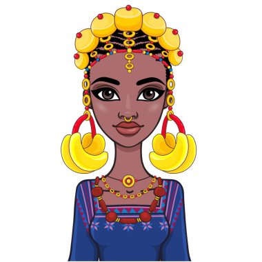 Animation portrait of a young African woman in ancient ethnic jewelry. Template for use.  Vector illustration isolated on white background. clipart