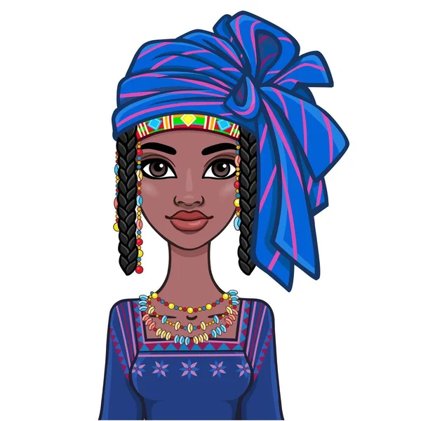 Portretul Animație Unei Tinere Africane Într Turban Albastru Bijuterii Etnice — Vector de stoc