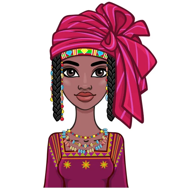 一个身穿红色头巾和民族珠宝的年轻非洲妇女的动画肖像 供使用 在白色背景上孤立的向量图 — 图库矢量图片