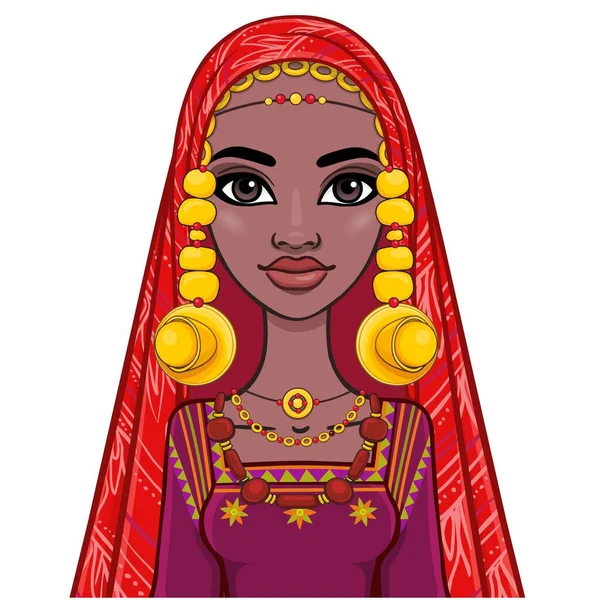 一个戴着围巾和古老民族珠宝的年轻非洲妇女的动画肖像 供使用 在白色背景上孤立的向量图 — 图库矢量图片