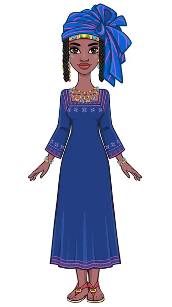 Animovaný Portrét Mladé Afričanky Modrém Pruhovaném Turbanu Etnických Špercích Plný — Stockový vektor